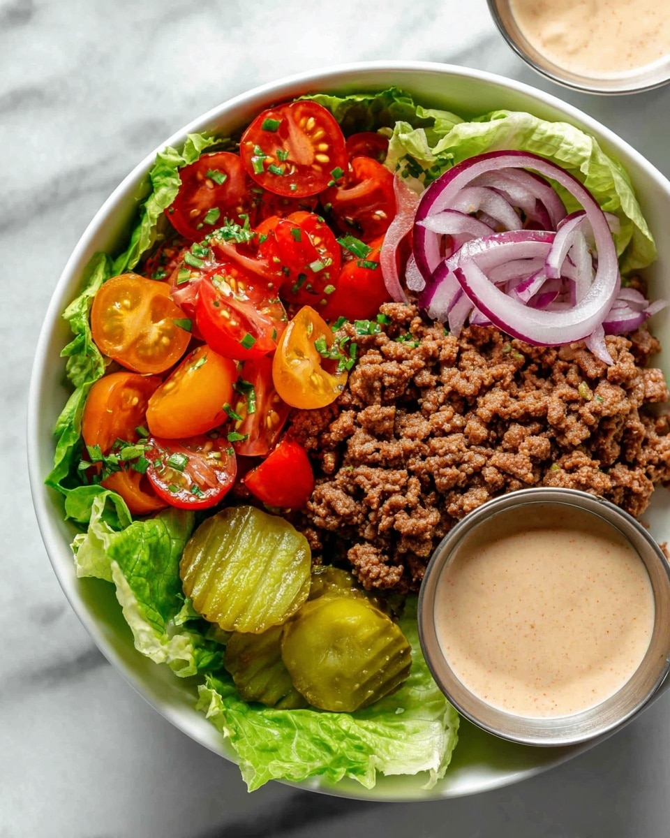 A white bowl with a fresh salad sits on a white marbled surface. The first layer at the bottom is dark green leafy lettuce. On the right side, there is a large portion of finely crumbled cooked brown ground meat with a creamy light brown sauce drizzled over it. Above the meat on the right edge, thin slices of pale green cucumber have the same light brown sauce on them. On the bottom half of the bowl, there are halved red and yellow cherry tomatoes sprinkled with small green herb leaves. To the left, there are thin rings of purple-red onion over the lettuce. Near the top left corner inside the bowl, a small round metal cup holds a smooth light brown creamy dressing. Photo taken with an iphone --ar 4:5 --v 7