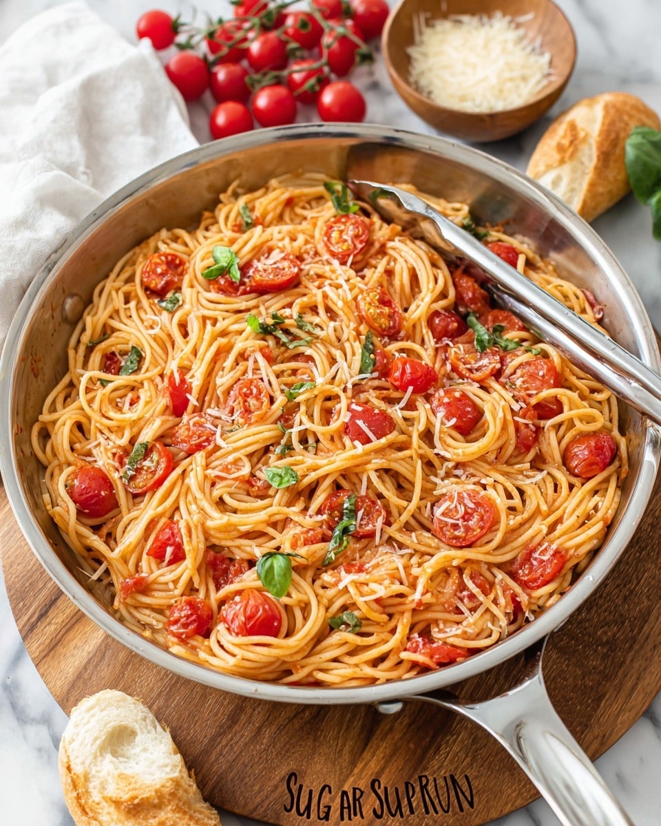 A large round silver pan filled with cooked spaghetti pasta mixed with a bright red tomato sauce showing chunks of cooked cherry tomatoes and small green basil leaves scattered throughout. The pasta is lightly coated with a shine of oil and there are fine white shreds of cheese on top. The pan is placed on a wooden board with a wooden spatula nearby engraved with