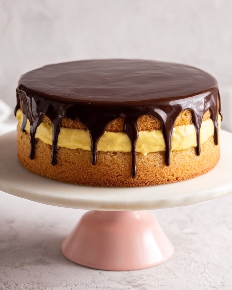 The image shows a three-layered round cake on a white cake stand with a smooth pink base. The bottom layer is a light brown sponge with a soft texture. The middle layer is creamy yellow, looking smooth and thick. The top layer is a shiny, dark chocolate glaze that drips gently down the sides in uneven streams. The background is a white marbled texture. Photo taken with an iphone --ar 4:5 --v 7