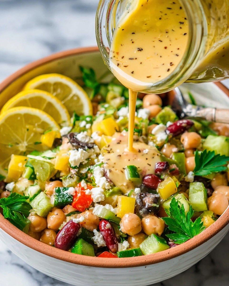A white bowl filled with a colorful layered salad featuring chickpeas, red beans, chopped green celery, yellow bell peppers, black olives, and small white cheese crumbles, all mixed together. Two thin lemon slices sit on top near fresh green parsley leaves. A creamy yellow dressing with black specks is being poured from a small clear glass jar over the lemon slices and ingredients. The scene is set on a white marbled surface. Photo taken with an iphone --ar 4:5 --v 7