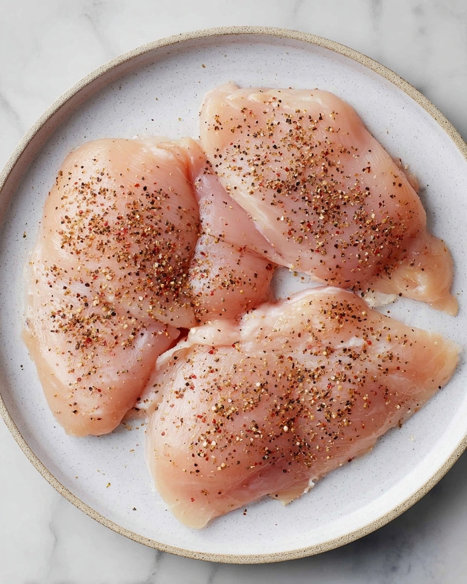 Four thin, pale pink raw chicken pieces are laid out flat, covering most of a white plate with a slightly textured rim. Each piece is sprinkled lightly with a mix of black and red ground spices, adding a speckled pattern across the smooth, slightly shiny surface of the chicken. The plate rests on a white marbled surface with subtle veining. photo taken with an iphone --ar 4:5 --v 7