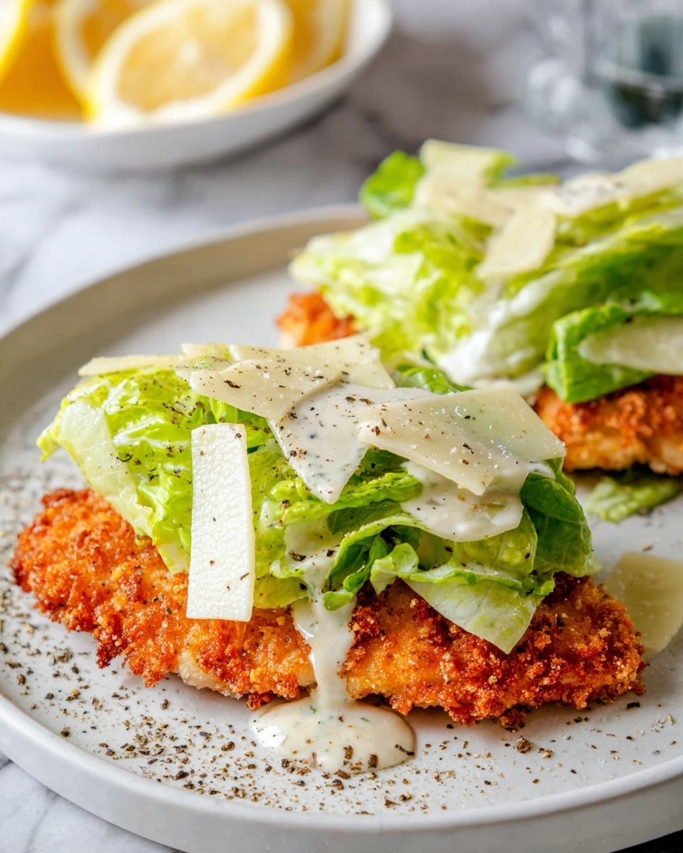 The image shows two pieces of crispy golden brown breaded chicken placed on a white plate with a slight speckled pattern. On top of each chicken piece is a layer of fresh green lettuce with a creamy, off-white dressing drizzled over it. Thin, light yellow slices of cheese are laid on the lettuce, and there is a sprinkling of black pepper on the plate around the chicken. The plate sits on a white marbled surface, and in the blurred background, a white dish with lemon slices can be seen. Photo taken with an iphone --ar 4:5 --v 7