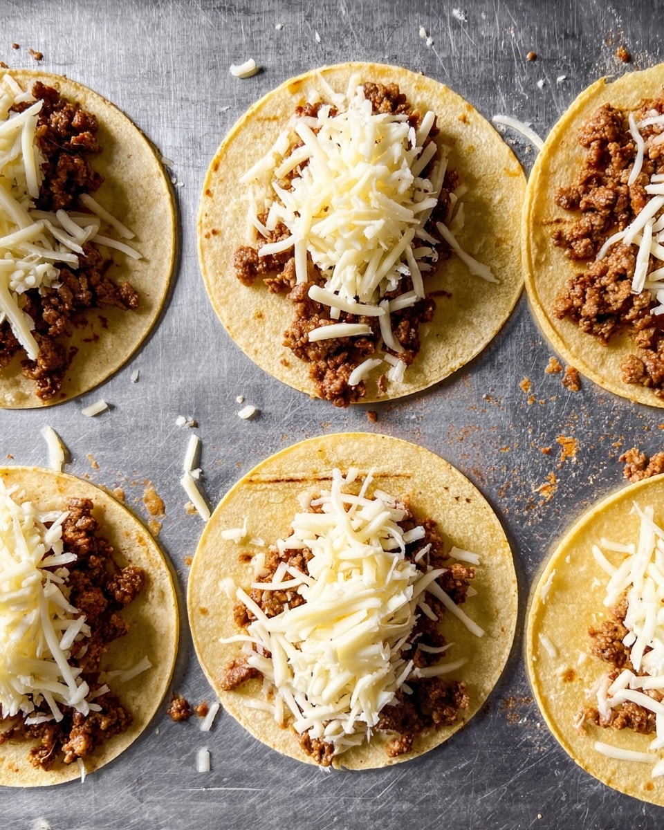 The image shows five small soft corn tortillas laid flat on a gray metal surface arranged in a loose row at the top and two below them with another one partly visible on the right. Each tortilla has a layer of shredded white cheese at the center near the top edge, topped with a layer of brown cooked ground meat that looks seasoned and slightly crumbly. Some cheese pieces and meat crumbs are scattered on the metal surface around the tortillas. The overall look is simple and rustic with a focus on the neat layers of cheese and meat on the light yellow tortillas. photo taken with an iphone --ar 4:5 --v 7
