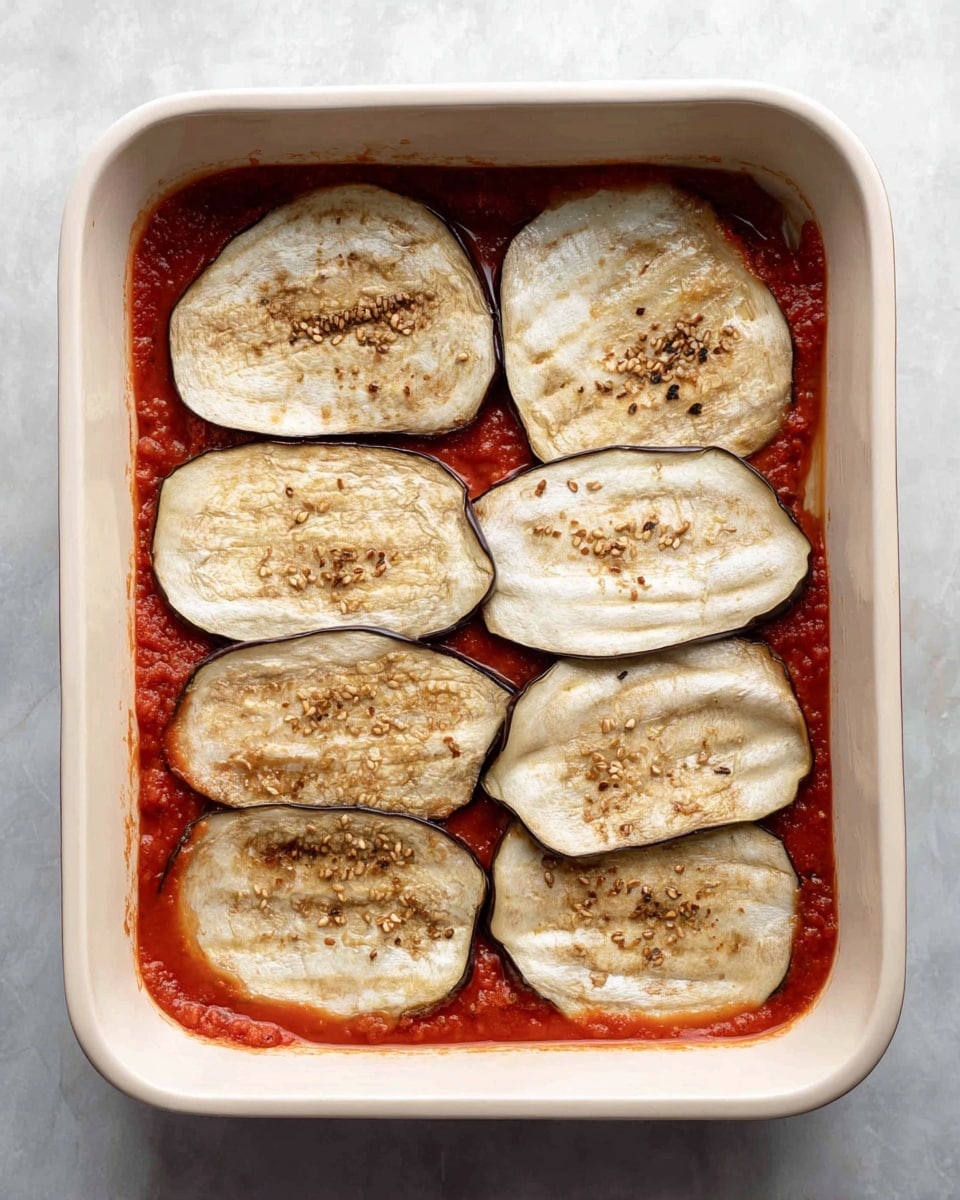 A white baking dish is shown with one layer of red tomato sauce at the bottom, spread evenly across the base. On top of the sauce, six large, flat, pale beige slices of eggplant are laid out in two rows of three, covering the sauce below. The eggplant slices have some brown grill marks and visible seeds scattered throughout, giving a rough texture to the surface. The dish sits on a white marbled texture background. photo taken with an iphone --ar 4:5 --v 7