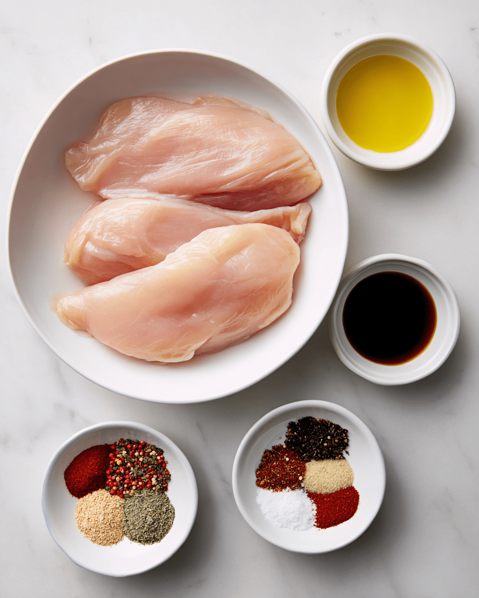 The image shows a large white bowl filled with three raw chicken fillets that are pale pink with smooth and slightly shiny textures. To the top right of the bowl is a small white bowl containing bright yellow oil. Below that, there is another small white bowl holding a dark, thick balsamic liquid. Near the balsamic bowl, a small white bowl holds a mix of colorful seasonings including red, black, brown, and white powders, arranged side by side. All bowls sit on a white marbled surface with soft lighting. Photo taken with an iphone --ar 4:5 --v 7