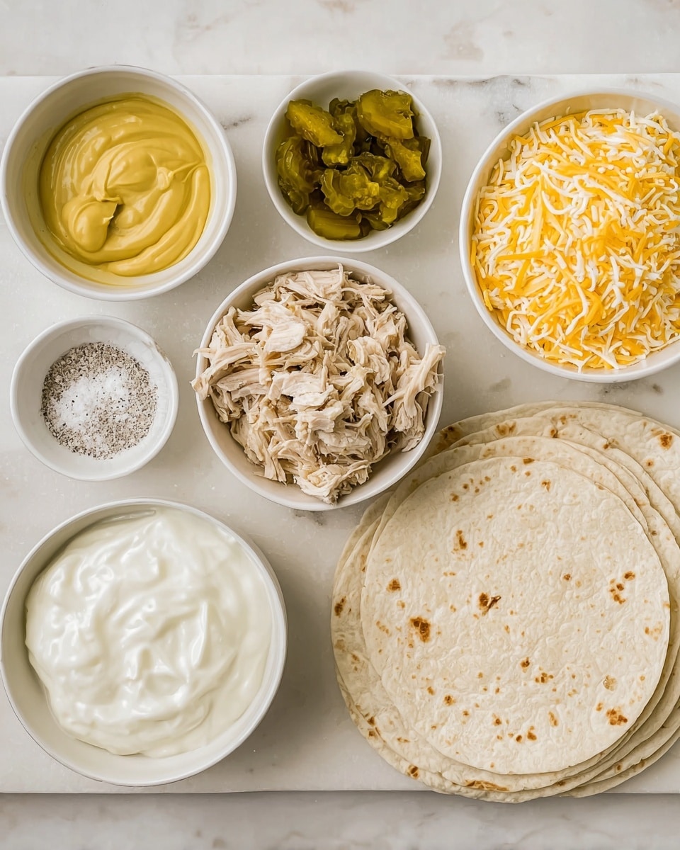 The image shows six bowls and a white wooden board with three white tortillas stacked on top of each other on a white marbled surface. The largest bowl in the center holds shredded light brown chicken. To the right of it is another large bowl filled with a mix of yellow and white shredded cheese. Below the cheese bowl, a smaller bowl contains smooth yellow mustard. To the bottom left is a large bowl full of thick white sour cream with a creamy texture. Next to the sour cream bowl, a small dish has a white powdery seasoning mixed with black specks. Above the seasoning, a small bowl holds bright green chopped pickles sitting in a bit of juice. The tortillas on the white wooden board show their soft, pale texture with slight brown spots. Photo taken with an iphone --ar 4:5 --v 7