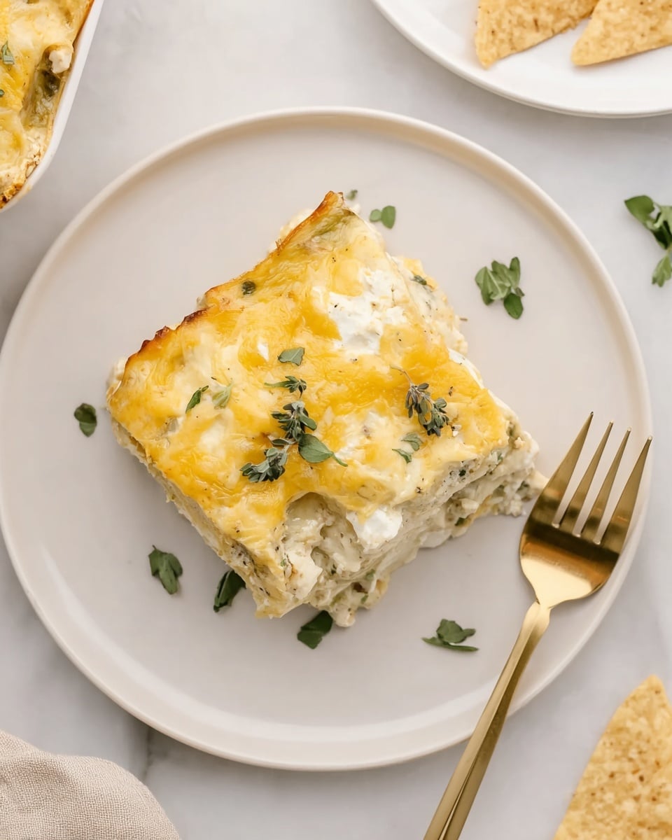 A single square piece of layered casserole sits on a clean white plate, topped with melted yellow and white cheese that looks soft and slightly creamy. Small green herb leaves are scattered on top and around the casserole. The casserole has a few visible thick white layers mixed with chunks inside, making it look creamy and dense. A gold fork lies next to the casserole on the plate. Broken chips and another plate with a similar piece are faintly visible in the background on a white marbled surface. photo taken with an iphone --ar 4:5 --v 7