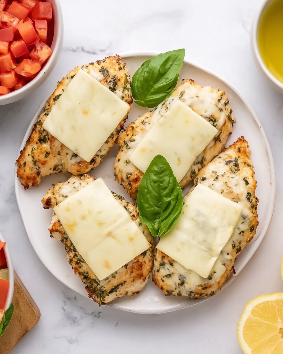 The image shows four pieces of cooked chicken, each topped with a slice of pale yellow cheese, placed evenly on a round white plate. The chicken has a light golden-brown color with visible herb seasoning, giving a slightly textured look. Between and around the chicken are three fresh, bright green basil leaves adding a pop of color. The plate is set on a white marbled surface, and parts of other dishes, including diced red tomatoes in a white bowl and a yellow lemon, are partially visible at the edges. photo taken with an iphone --ar 4:5 --v 7