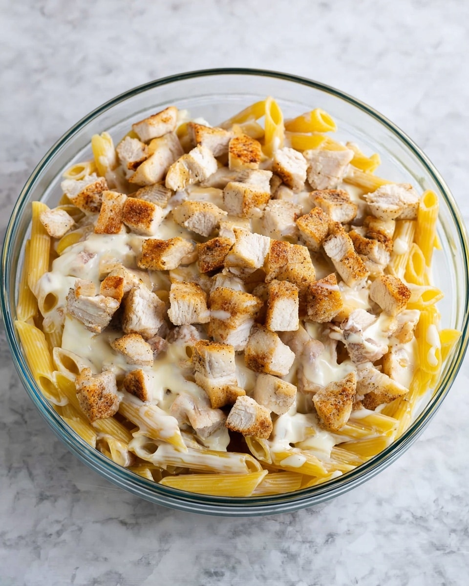 A clear glass bowl on a white marbled surface filled with three visible layers: the bottom layer is yellow cooked penne pasta, the middle layer is a white creamy sauce, and the top layer shows many small cubes of cooked chicken with a light brown outside and moist white inside. The chicken pieces are spread evenly over the pasta and sauce, showing a mix of textures and colors. photo taken with an iphone --ar 4:5 --v 7