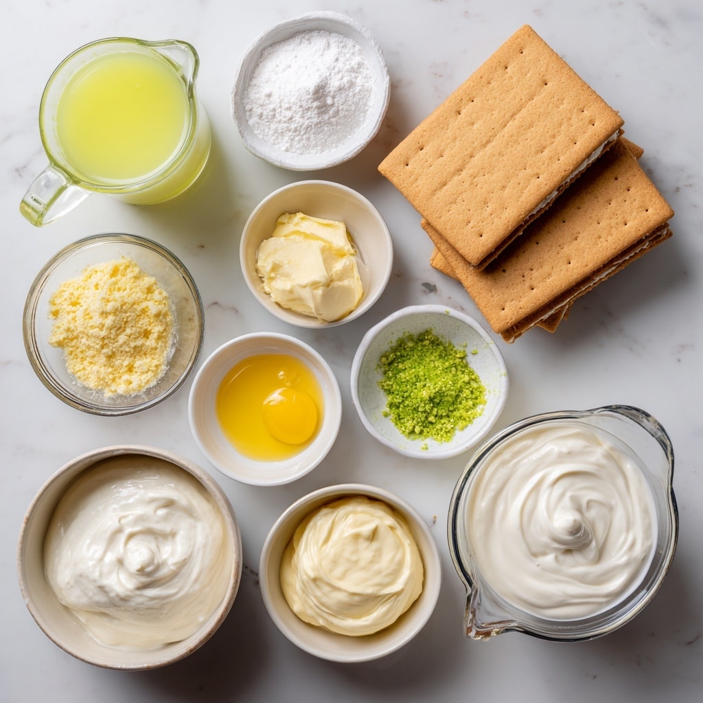 The image shows a flat lay of various baking ingredients placed on a white marbled surface. At the top right, two beige rectangular graham crackers are stacked side by side. To the left, there is a clear measuring cup with pale yellow lime juice. Below the crackers, there are small white bowls containing light yellow melted butter, white powdered sugar, bright yellow egg yolks, and green lime zest. At the bottom left, a white bowl holds thick white sour cream, while next to it, an open can of sweetened condensed milk with a creamy pale yellow color is visible. On the bottom right, a glass measuring cup is filled with white heavy cream. Each ingredient is clearly separated and labeled with bold black text on white backgrounds above or near them. photo taken with an iphone --ar 4:5 --v 7