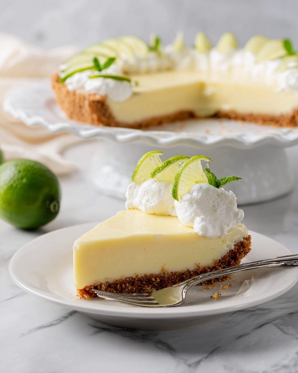 A slice of key lime pie on a white plate with three layers: a bottom brown crumbly crust, a middle pale yellow smooth lime filling, and a top layer of white whipped cream decorated with thin light green lime slices and small green mint leaves; in the background, a full pie on a white cake stand shows the same three layers and decorations, all set on a white marbled surface with a silver fork placed in front of the slice, photo taken with an iphone --ar 4:5 --v 7