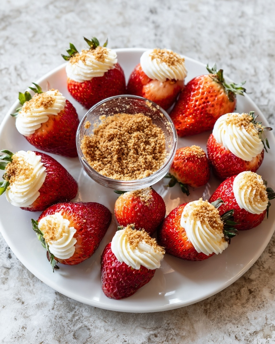 A white plate holds about ten bright red strawberries, each topped with a swirl of white cream and a light sprinkle of brown crumbs. The strawberries are arranged in a circle around a small glass bowl filled with more brown crumbs. The plate is on a white marbled textured surface. photo taken with an iphone --ar 4:5 --v 7