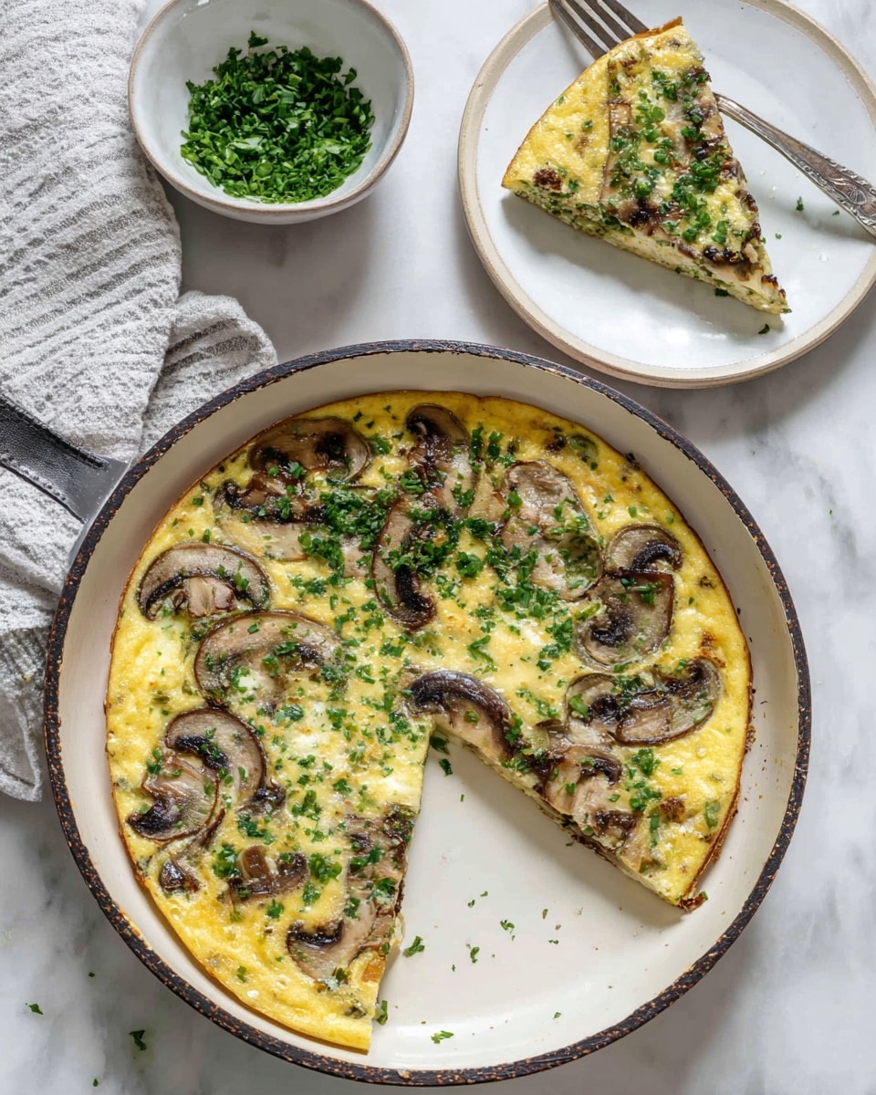 A round yellow frittata sits inside a white pan with a black rim, featuring a top layer of sautéed brown mushroom slices evenly spread, bright green chopped herbs scattered throughout and on top, and a light dusting of white grated cheese adding texture and contrast. The surface is smooth with small air bubbles, and the edges show a slightly browned, crispy texture. In the background, a small white bowl filled with more chopped green herbs is visible on a white marbled texture. photo taken with an iphone --ar 4:5 --v 7