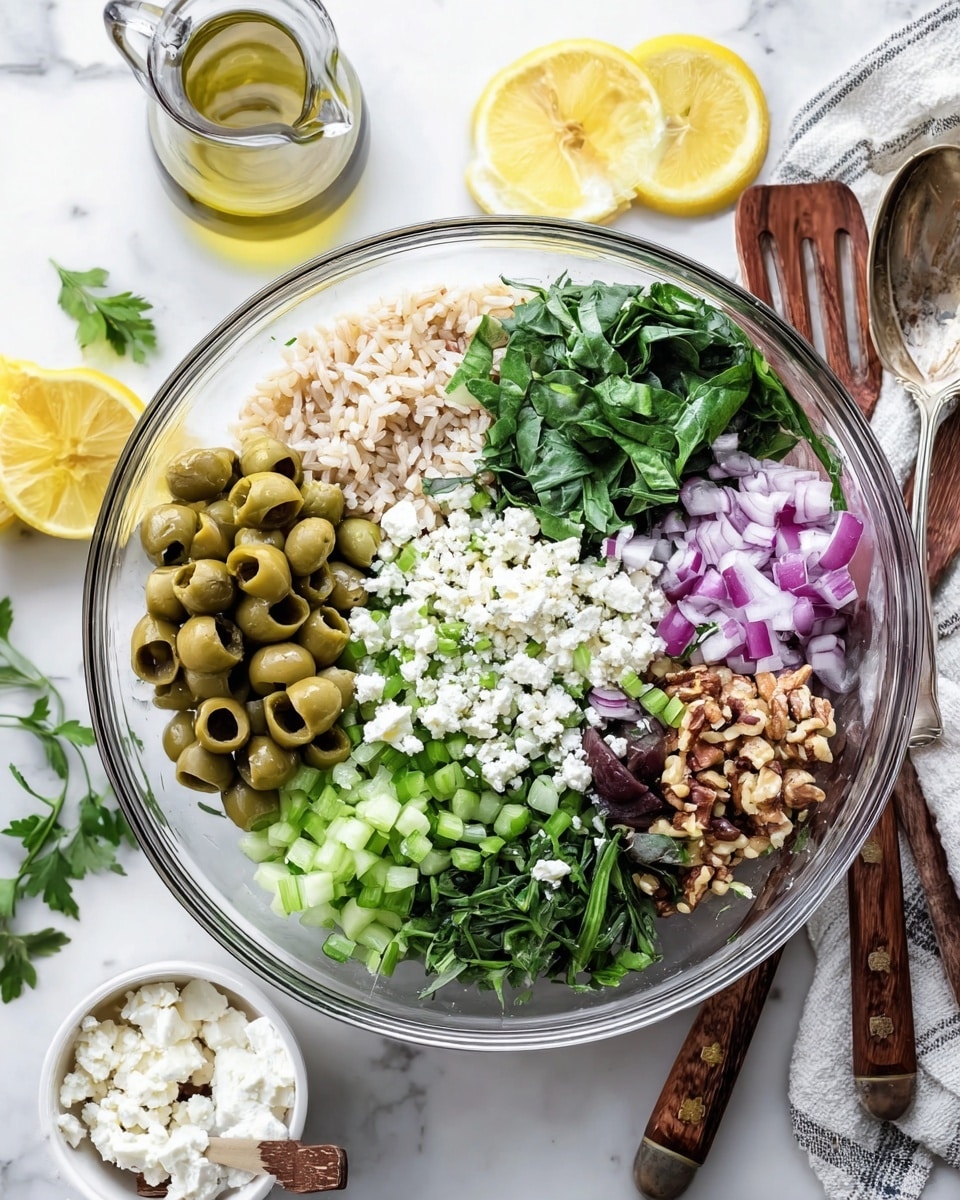 A clear glass bowl sits on a white marbled surface with a striped cloth nearby. Inside the bowl are seven layers of ingredients arranged in neat sections: green olives sliced in half on the left, brown rice at the top, chopped dark green leafy spinach on the right, chopped light green celery at the bottom left, chopped purple onions on the middle left, a pile of chopped nuts at the bottom right, and crumbled white cheese sprinkled on top center across some fresh green herbs. Around the bowl are halves of lemon, a small pitcher with oil, a toothpick in a jar with vinaigrette, a small brown-edged white bowl of white cheese, and wooden-handled utensils. Photo taken with an iphone --ar 4:5 --v 7