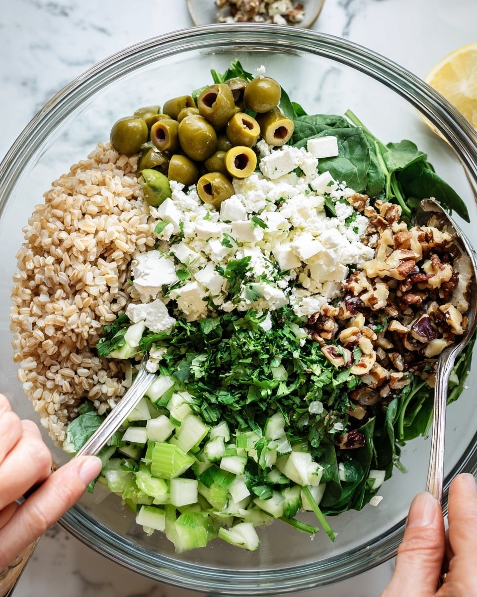 A clear glass bowl sits on a white marbled surface, filled with seven visible layers of ingredients: in the top left a heap of light brown cooked grains; next to it, sliced green olives with a shiny texture; crumbled white cheese scattered across the middle; fresh dark green leafy spinach on the right side; finely chopped bright green celery pieces below the cheese; chopped nuts with a rough brown texture near the bottom right; and finely chopped parsley with a vibrant green color sprinkled over many of the layers. Two silver spoons are in the bowl, each held by a woman's hand, mixing the ingredients gently. photo taken with an iphone --ar 4:5 --v 7