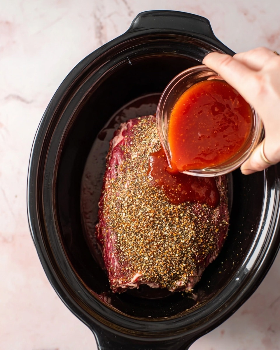 A piece of raw meat covered with a layer of coarse brown and black spices lies in the center of a black slow cooker, placed on a white marbled surface. A woman's hand is pouring a thick, smooth red sauce from a small clear glass container onto the meat, with the sauce creating a shiny coating on the spiced surface. The image shows the scene from above, capturing the texture of the spices, sauce, and meat clearly. Photo taken with an iphone --ar 4:5 --v 7