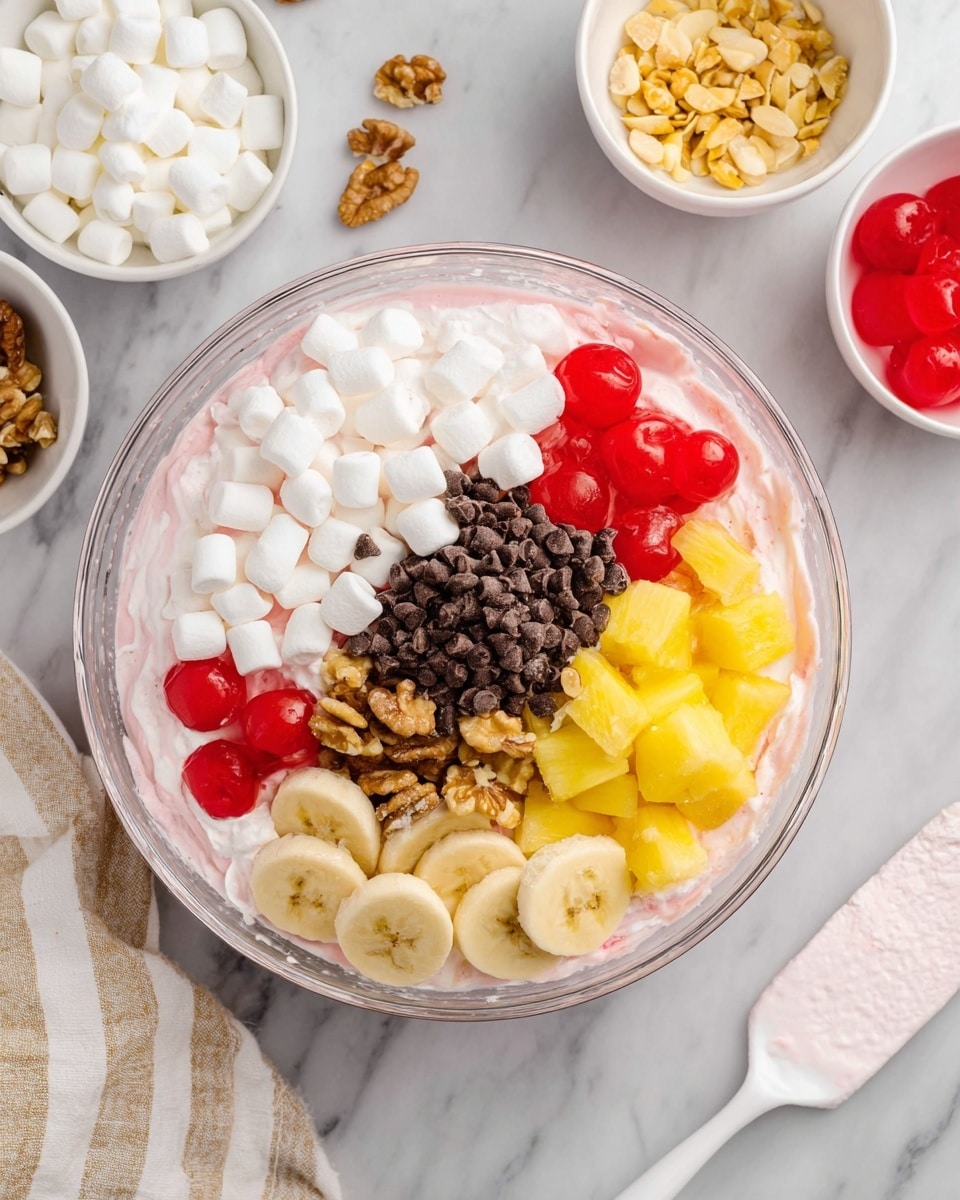 A clear glass bowl filled with a dessert showing distinct layers and sections: a base layer of light pink creamy mixture is partly visible around the edges, topped with small white marshmallows on the left, bright red cherries below them, yellow pineapple chunks on the bottom right, light yellow banana slices on the middle right, a small pile of chopped brown walnuts near the center, and a dense mound of tiny dark brown chocolate chips near the top center. The bowl is placed on a white marbled surface surrounded by small white bowls containing scattered marshmallows, crushed nuts, pineapple pieces, banana slices, and cherries. A white and beige striped cloth is nearby, and a white spatula with some pink cream is visible on the right side of the frame. Photo taken with an iphone --ar 4:5 --v 7