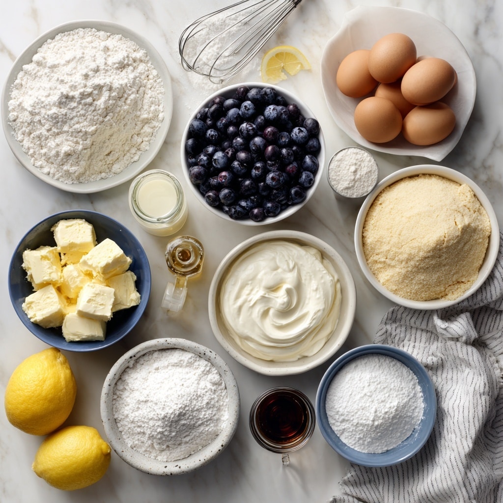A top-down view of various baking ingredients arranged neatly on a white marbled surface, with each ingredient in separate small white or earth-toned bowls showing their distinct colors and textures; a large white bowl filled with dark blue, round blueberries sits near the center, surrounded by a bowl of soft white sour cream with a smooth texture, clumps of pale yellow unsalted butter in a speckled white bowl, a gray bowl holding light tan cane sugar, a blue bowl containing white corn starch, and a white bowl filled with powdery white all-purpose flour. Bright yellow whole lemons and a halved lemon lie on the marble surface, while three brown eggs rest in their own white bowl. A glass of light beige sourdough discard is present, along with a small dark bottle of vanilla extract beside a metal measuring spoon, and a small dish with pale white baking powder and soda. An off-white striped cloth is casually draped nearby. Photo taken with an iphone --ar 4:5 --v 7