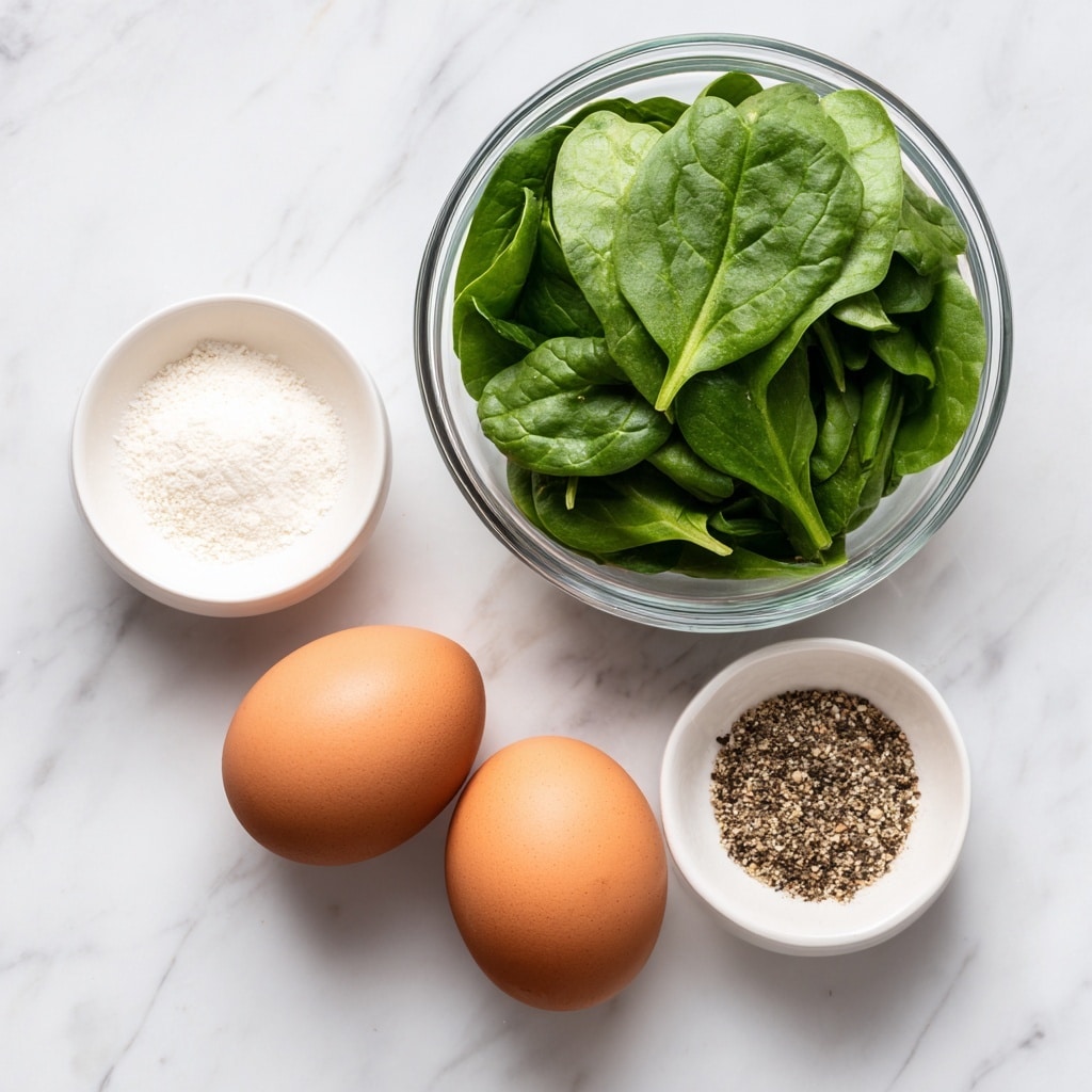 The image shows three brown eggs placed in the center on a white marbled surface. Above the eggs, there is a clear glass bowl filled with fresh raw spinach leaves that are a deep green color and have a smooth, slightly shiny texture. On either side of the eggs, there are two small white bowls; the bowl on the left contains a small amount of fine white powder labeled xanthan gum, while the bowl on the right holds a mixture of salt and black pepper, visible as coarse white and black specks. The arrangement is neat and clean. photo taken with an iphone --ar 4:5 --v 7