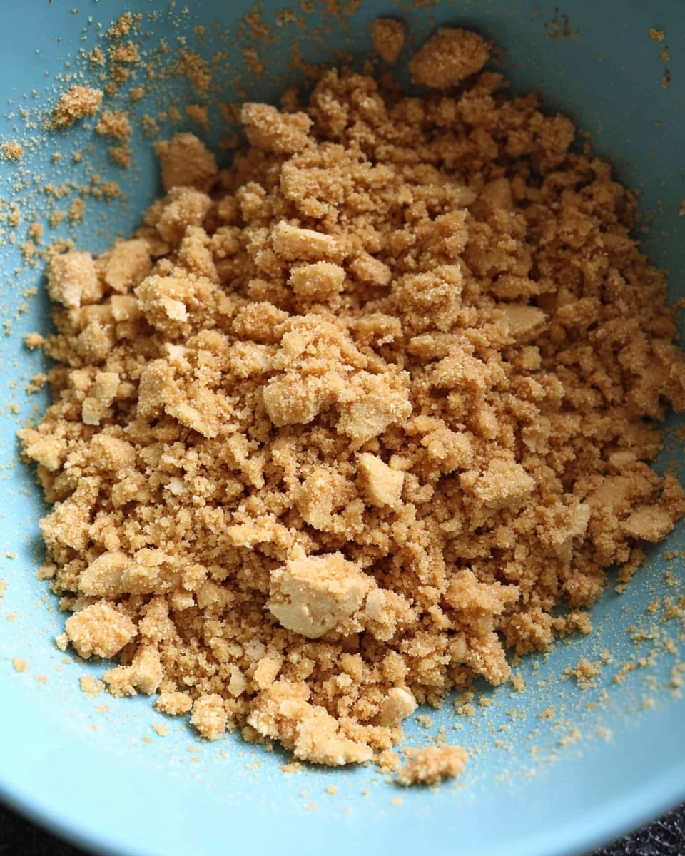 The image shows a close-up of a light blue bowl filled with crumbly golden-brown mixture pieces, uneven in size with a grainy texture. The crumbs look dry but slightly soft, with some larger chunks mixed with smaller crumbs. The bowl is mostly filled in the center, and the background surface is not visible in the picture. photo taken with an iphone --ar 4:5 --v 7