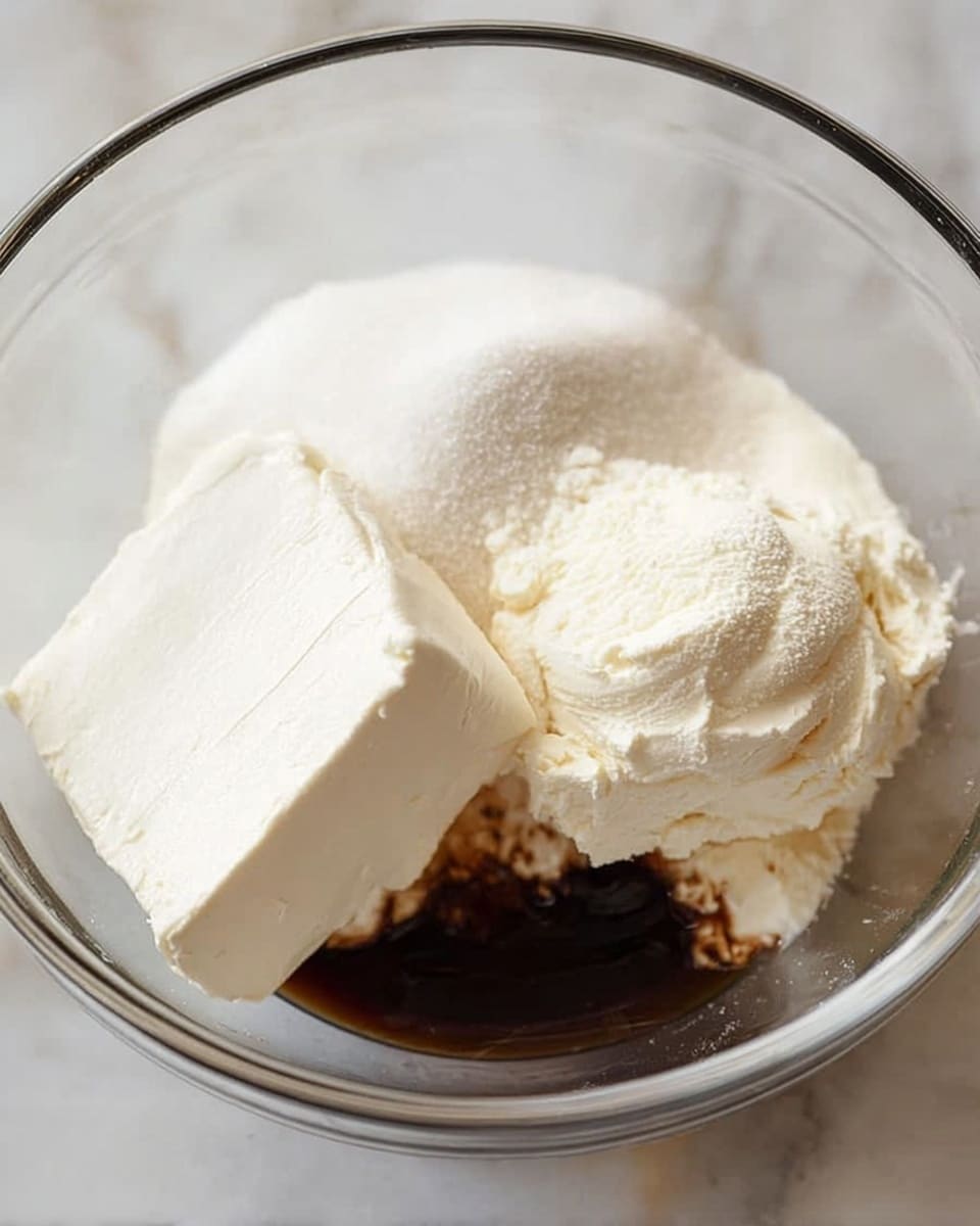 A clear bowl contains three main layers of white ingredients with different textures: a large smooth block of cream cheese on the left, a mound of fine white sugar in the back, and a rounded scoop of thick sour cream on the right. Beneath these ingredients, some dark brown liquid, possibly vanilla extract, peeks through the gaps between them. The bowl is set on a white marbled surface. photo taken with an iphone --ar 4:5 --v 7