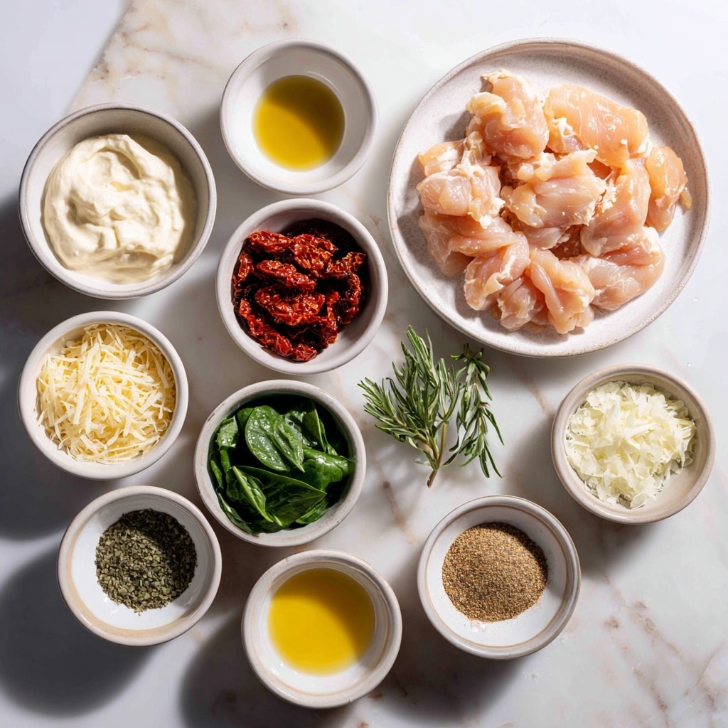 The image shows several white bowls arranged on a white marbled surface, each filled with different ingredients. In the center-right, a large white plate holds multiple pieces of raw, light orange-pink chicken. To the top-left, a big white bowl contains heavy cream, smooth and creamy off-white in color. Around these main ingredients, smaller white bowls hold finely shredded light yellow parmesan cheese, dark red sun-dried tomatoes, finely chopped white onions, green fresh basil leaves, bright green spinach leaves, golden olive oil, pale yellow butter, light beige flour, light brown chicken broth, a small dollop of yellow dijon mustard, and a mix of dark green Italian seasoning and a brownish salt and pepper mix. The bowls are all neatly filled and placed closely together, with the ingredients showing a blend of smooth, leafy, and granular textures. Photo taken with an iphone --ar 4:5 --v 7