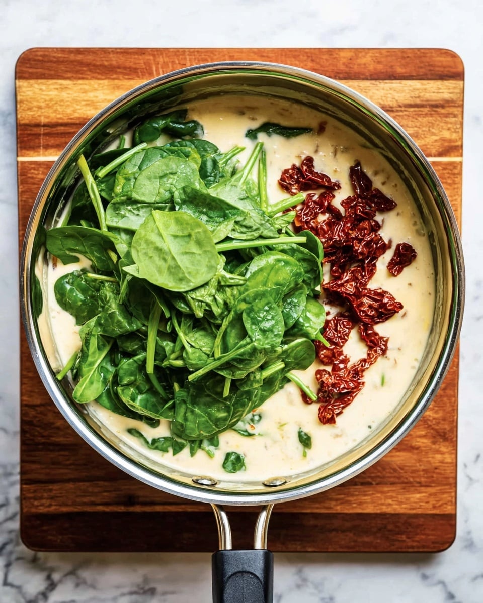 The image shows a silver pan on a wooden board with three main layers inside. The bottom layer is a creamy white sauce spread evenly across the pan. On the right side, there are pieces of dark red sun-dried tomatoes scattered over the sauce. On the left and center, there is a heap of fresh, bright green spinach leaves piled up. The pan handle is black and extends from the bottom right. The background is a white marbled surface. photo taken with an iphone --ar 4:5 --v 7
