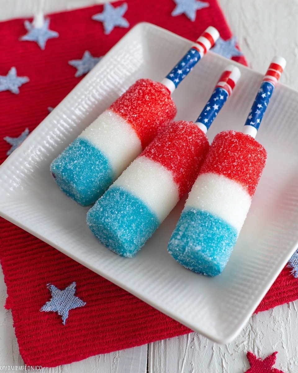 Three treats shaped like rocket pops are arranged on a white square plate with a textured surface. Each treat has three layers: a red top layer with small sugar crystals, a smooth white middle layer, and a blue bottom layer with coarse sugar crystals. Each rocket pop is mounted on a striped stick with red and white stripes or a blue background with white stars. The plate is laid on a white cloth with red and blue stars and a bright red woven cloth on a white marbled textured surface. Photo taken with an iphone --ar 4:5 --v 7
