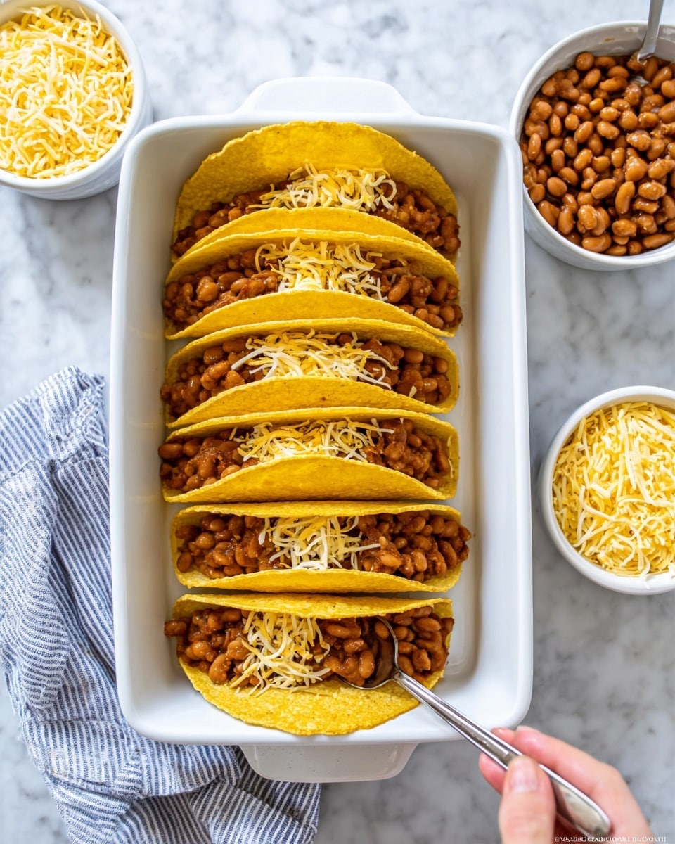 A white baking dish holds ten yellow corn taco shells standing upright in two rows, each filled with cooked brown beans showing a glossy texture. A layer of shredded light yellow cheese is placed at the bottom inside shells on the right and left edges. A woman's hand with a spoon is adding more beans to the top right taco shell. To the upper right outside the dish, there are two white bowls: the top bowl is filled with brown beans, and the bottom bowl contains shredded light yellow cheese. The whole setup sits on a white marbled surface, and a blue and white striped cloth napkin lies under the dish on the left side. photo taken with an iphone --ar 4:5 --v 7