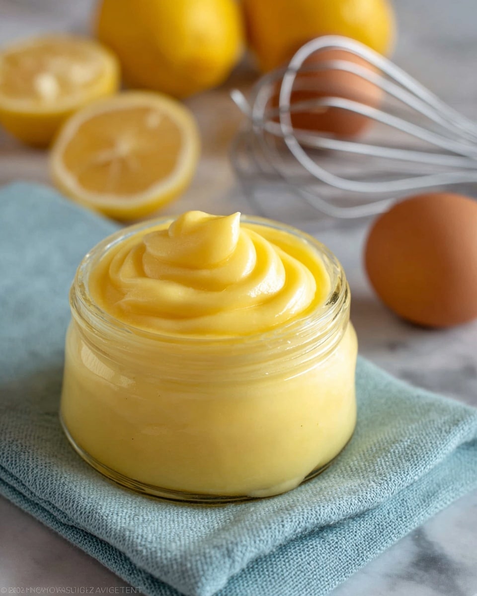 A small clear glass jar filled with smooth, bright yellow cream with a soft, swirled texture on top sits on a folded light blue cloth, placed on a white marbled surface. In the background, two brown eggs and several halved and whole yellow lemons are blurred beside a metal whisk. The focus is on the jar of cream in the foreground, showing the thick and creamy texture clearly. photo taken with an iphone --ar 4:5 --v 7