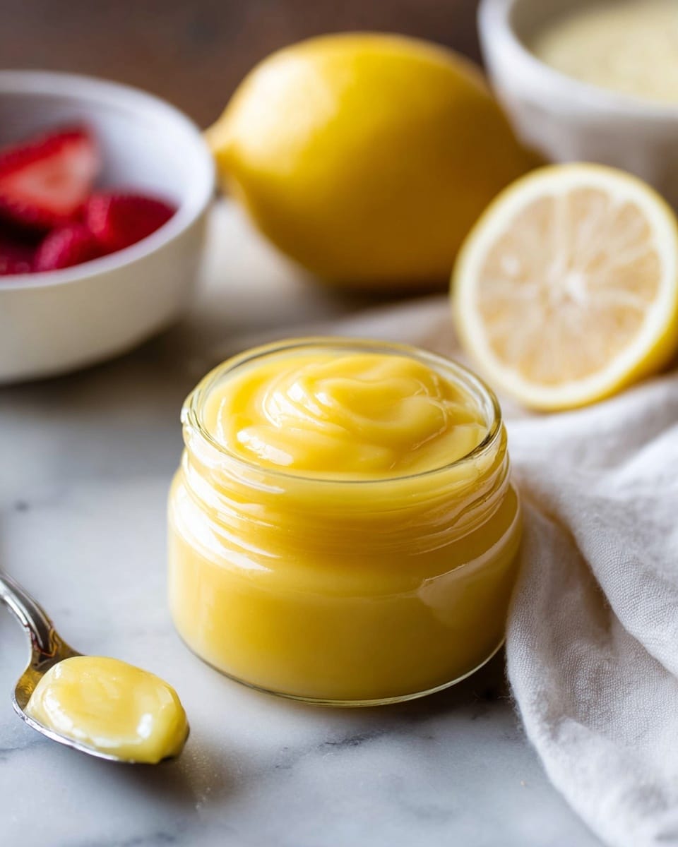 A small glass jar is filled with smooth, bright yellow lemon curd, showing a creamy texture with soft peaks on top. Behind the jar, a whole lemon and a half lemon with light yellow flesh are placed on a white marbled surface. To the left, a white bowl with red sliced strawberries is slightly out of focus, and to the right, a white bowl with a light yellow cream is also partially visible. In the foreground, there is a silver spoon with some lemon curd on it, resting on the white marbled surface next to a white cloth with soft folds. photo taken with an iphone --ar 4:5 --v 7
