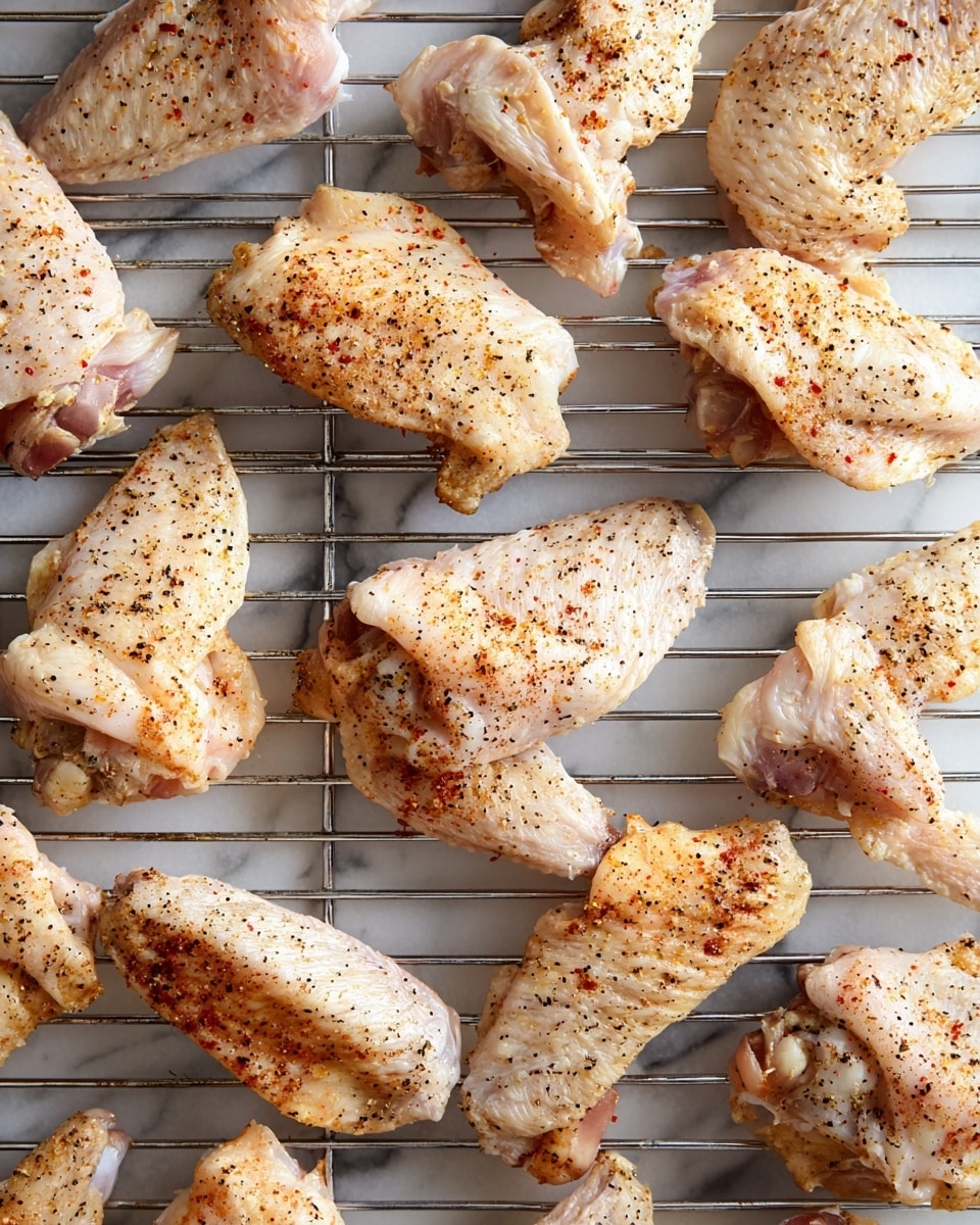 The image shows many pieces of raw chicken wings placed closely on a metal wire rack. Each piece has a pale, slightly pinkish-white color with visible skin texture and is seasoned with black pepper and a reddish-orange spice evenly sprinkled over the surface. The metal wire rack is set on a white marbled surface. The chicken pieces are arranged in a loose grid pattern, filling the frame, and there are no other items or layers present. Photo taken with an iphone --ar 4:5 --v 7