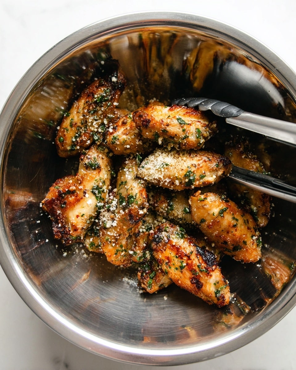 A shiny silver metal bowl holds about a dozen golden brown chicken wings coated with bits of green herbs and a light dusting of white grated cheese or seasoning. The wings show crispy, slightly charred skin with black pepper specks, scattered evenly throughout. A pair of metal tongs with black silicone ends rests inside the bowl, ready to serve. The bowl sits on a white marbled surface, giving a clean and fresh look to the image. Photo taken with an iphone --ar 4:5 --v 7