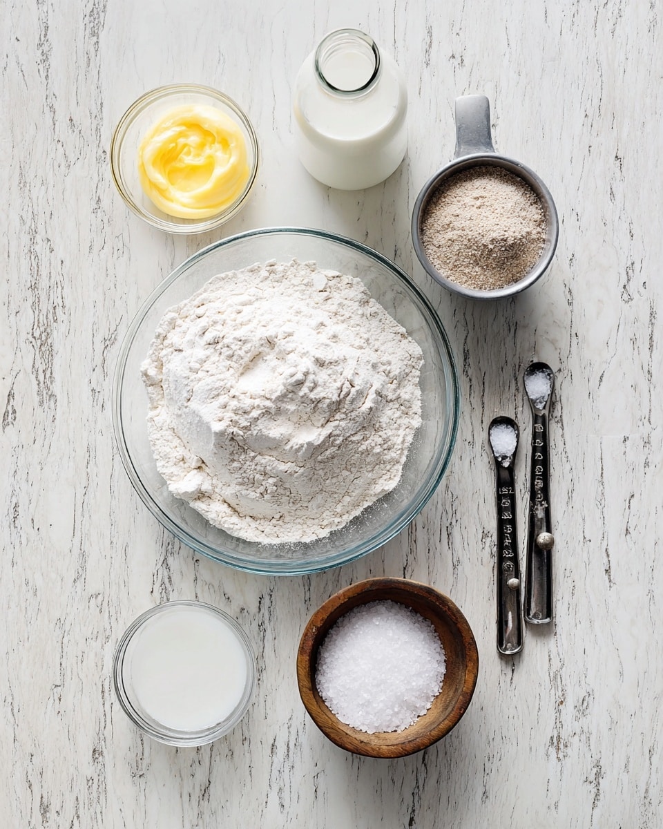 A top-down view of baking ingredients arranged neatly on a white marbled texture. In the center, there is a large glass bowl filled with white flour with a slightly uneven, powdery surface. Above it, a clear glass bottle holds white milk. To the right of the milk, a small grey metal cup is filled with light brown whole wheat flour. Near the top left, a small clear glass bowl contains melted yellow butter with a smooth surface. At the bottom right, a small wooden bowl with a silver measuring spoon is filled with coarse white salt. Below the large flour bowl, there is a small clear glass bowl of white baking soda and next to it a set of four black measuring spoons is placed. The ingredients are spread out in an organized way on the white marbled surface. Photo taken with an iphone --ar 4:5 --v 7