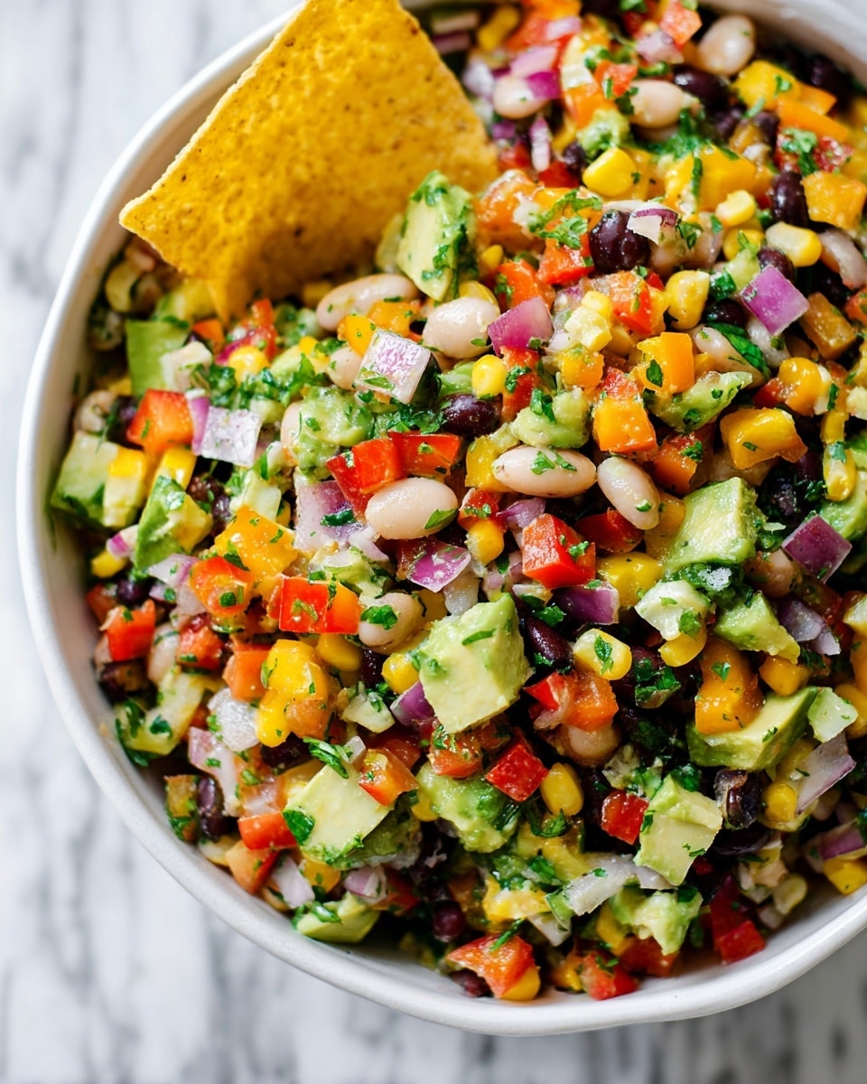 A close-up view of a white bowl filled with a colorful mixed salad made of small diced layers of orange, yellow, green, and red bell peppers, black beans, white beans, corn kernels, diced avocado, red onions, and chopped cilantro. The textures vary from smooth avocado pieces to firm beans and crunchy vegetables scattered evenly. A single yellow corn chip is partially buried in the salad near the center, holding some of the salad on top, adding a crispy texture. The bowl sits on a white marbled surface, capturing the fresh and vibrant colors of the dish. Photo taken with an iphone --ar 4:5 --v 7