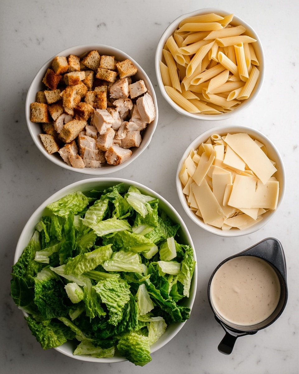 The image shows five white bowls and a measuring cup arranged on a white marbled surface. The largest bowl at the bottom contains fresh green lettuce leaves with a mix of light and dark green shades, torn into pieces. Above and to the right, a bowl holds raw penne pasta with smooth, pale yellow tubes stacked loosely. Next to the pasta, a smaller bowl is filled with thin, light yellow cheese slices, layered irregularly. To the left, another bowl contains golden-brown croutons with a rough texture and square shapes stacked unevenly. Above the croutons, the last bowl is filled with browned, cubed cooked chicken pieces with a slightly rough surface. A black measuring cup on the right side contains creamy dressing with a smooth texture and light beige color, partially filled with a rounded top visible. photo taken with an iphone --ar 4:5 --v 7