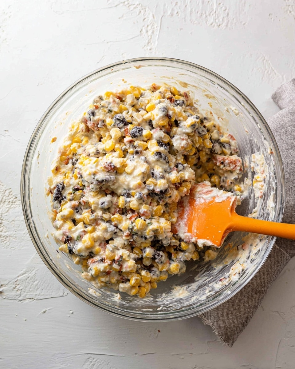 A clear glass mixing bowl holds a thick mixture with visible layers of small yellow corn kernels, black olive pieces, and small chunks of red and orange bell peppers, all coated in a creamy white sauce. The mixture has a slightly lumpy texture with bits showing through the creamy coating. An orange spatula is partially immersed on the right side of the bowl, mixing the ingredients together. The bowl sits on a white marbled textured surface with a light gray cloth partially visible under the bowl. photo taken with an iphone --ar 4:5 --v 7