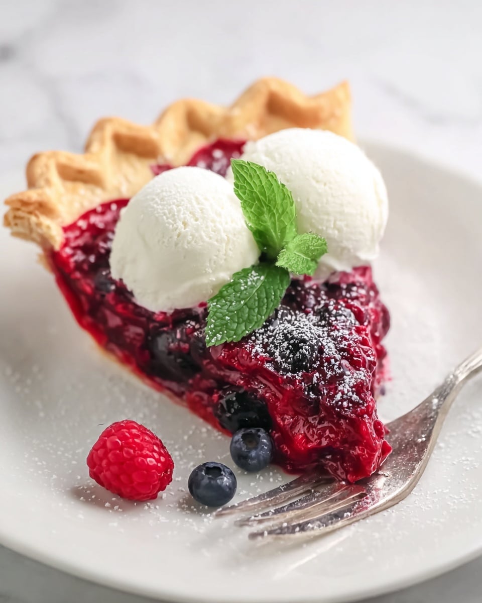 A slice of berry pie on a white plate with a white marbled texture background. The pie has a golden, wavy crust at the back edge, a thick red berry filling layer with visible blueberries and raspberries embedded in it. On top of the pie are two small, round scoops of white ice cream with a smooth texture, garnished with a bright green fresh mint leaf. A silver fork is placed at the bottom right of the slice with a raspberry and two blueberries resting near its prongs, and a woman's hand appears holding the fork. The dessert is lightly dusted with powdered sugar. photo taken with an iphone --ar 4:5 --v 7
