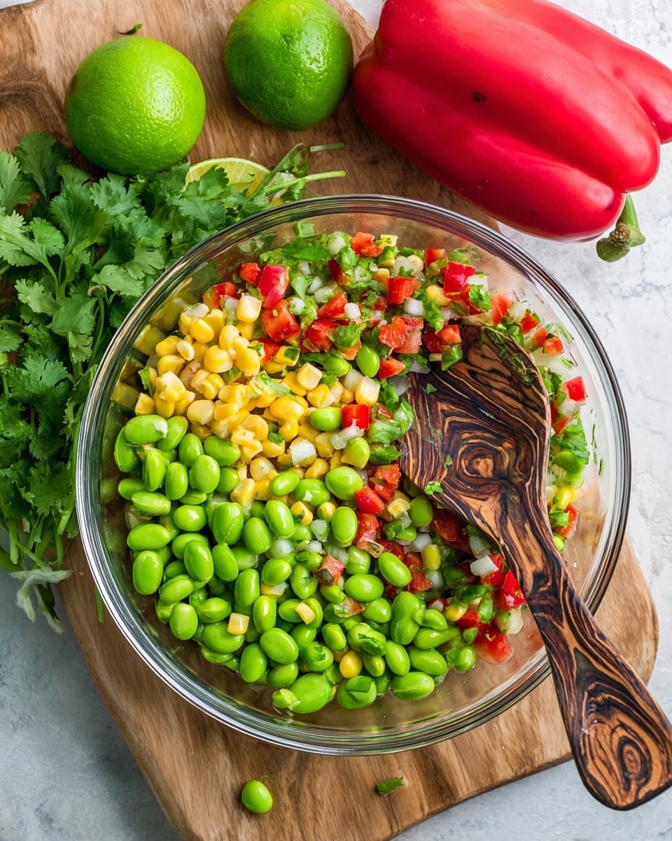 A clear glass bowl filled with a colorful salad that has three clear layers: bright green edamame beans, yellow corn kernels, and red bell pepper pieces mixed with small bits of green herbs and white onion, all finely chopped. The bowl is placed on a light wooden board with fresh green cilantro leaves, a whole vibrant red bell pepper, and two bright green limes at the back. A wooden spoon with dark and light wood swirl patterns is partly inside the bowl, mixing the salad. The scene sits on a white marbled textured surface. Photo taken with an iphone --ar 4:5 --v 7