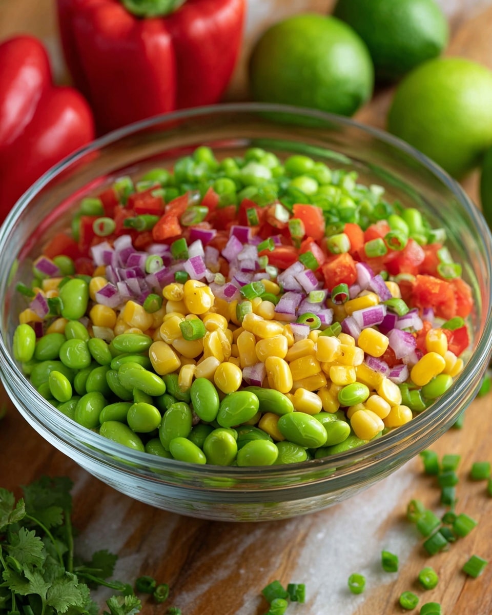 A clear glass bowl filled with a colorful salad made of four main layers: bright green edamame beans, yellow corn kernels, red diced bell peppers, and finely chopped purple onions mixed with green sliced scallions. The salad sits on a wooden surface with a blurred background of red bell peppers, a green lime, and some green herbs, all placed on a white marbled texture. photo taken with an iphone --ar 4:5 --v 7