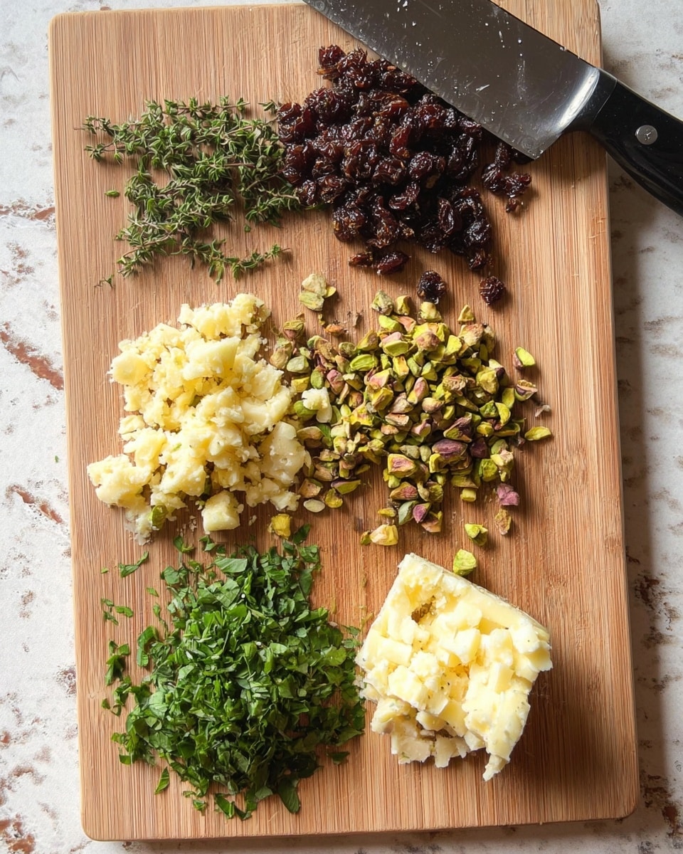 The image shows a light brown wooden cutting board with four groups of chopped ingredients arranged roughly in vertical lines. At the bottom is a small pile of fresh green herbs with round leaves. Above the herbs is a mound of pale yellow, crumbly cheese pieces next to a wedge of the same cheese. Above the cheese are small, uneven bright green and brownish chopped pistachios. At the top is a pile of chopped dark red dried fruit. A black-handled knife lies near the top edge on the board. The board is placed on a table with a white marbled textured surface. photo taken with an iphone --ar 4:5 --v 7