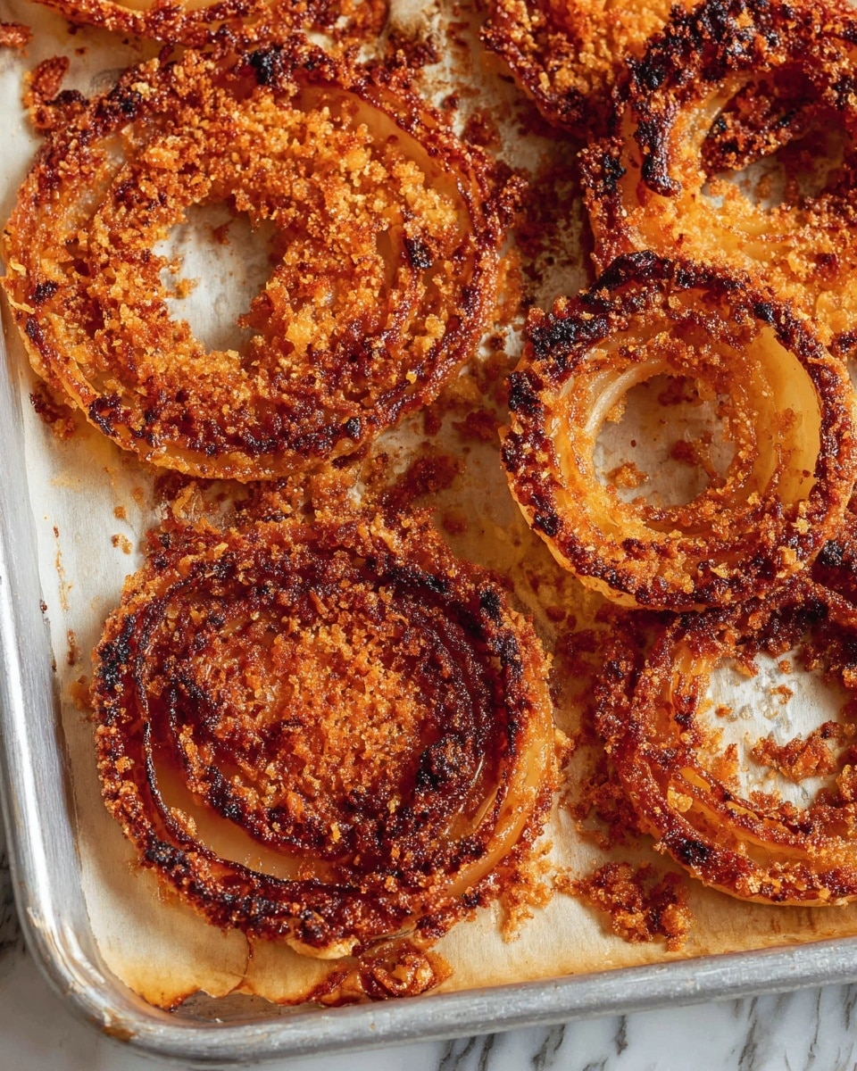 The image shows several golden-brown onion rings with a crispy, slightly burnt texture, lying flat on a baking sheet lined with parchment paper. Each onion ring has multiple layers of ringed onion with a thick, crunchy coating that is darker around the edges and has a reddish-brown hue. The onions have a slightly oily shine with small holes where some of the coating bubbled up during cooking. The background is a white marbled texture, and the baking sheet is silver. photo taken with an iphone --ar 4:5 --v 7
