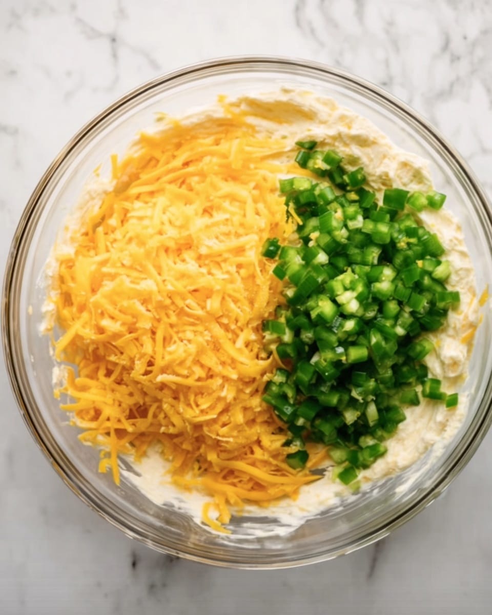 In a clear glass bowl on a white marbled surface, there is a thick creamy mixture as the base layer. On top of this base, there are two piles side by side: one pile consists of shredded orange cheddar cheese, and the other pile is made up of chopped bright green jalapeño peppers. The textures show the soft, smooth cream, fine cheese shreds, and small, firm pepper pieces. Photo taken with an iphone --ar 4:5 --v 7