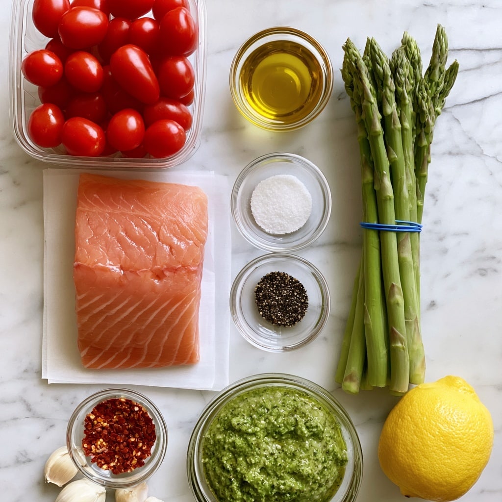 The image shows several ingredients placed neatly on a white marbled surface. On the top left, a clear plastic container filled with bright red cherry tomatoes is visible. Below it, a piece of fresh salmon with a light pink color and smooth texture rests on white paper. To the right of the salmon, there are three small glass bowls stacked vertically, containing golden oil, white salt, and black pepper from top to bottom. Further right, a bundle of fresh green asparagus tied with two blue bands lies vertically. At the bottom left, there is a small glass bowl with red pepper flakes, next to a few cloves of garlic on the surface. A larger glass bowl containing green pesto is at the center bottom, and on the bottom right, a whole bright yellow lemon is placed. Each item is labeled with clear black text on white tags. photo taken with an iphone --ar 4:5 --v 7
