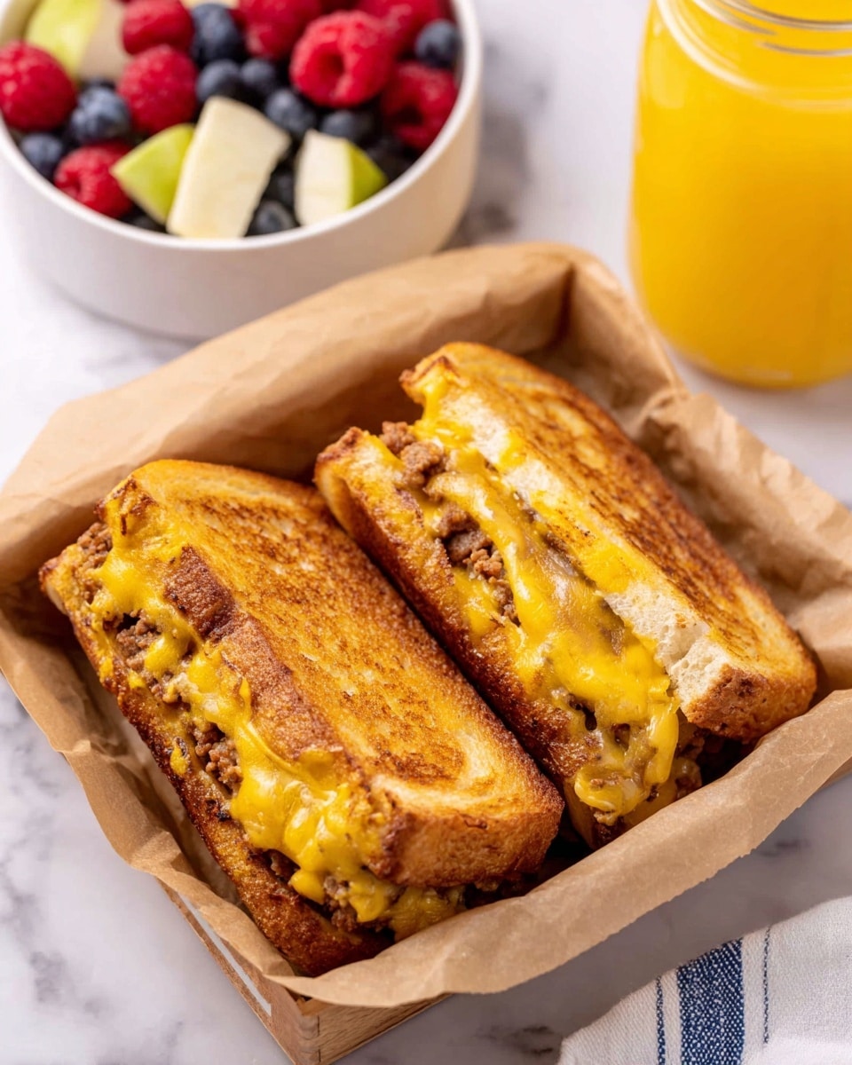 Two toasted sandwiches are placed side by side in a shallow wooden box lined with light brown parchment paper. Each sandwich is made of golden brown toasted bread with a visible layer of melted yellow cheese mixed with bits of cooked ground meat inside. Behind the box, there is a small white bowl filled with a fruit mix of red raspberries, dark blueberries, and pale green apple chunks. To the right, there is a glass jar filled with bright orange juice. The scene is set on a white marbled surface with a white and blue striped cloth partially visible near the bottom edge. Photo taken with an iphone --ar 4:5 --v 7