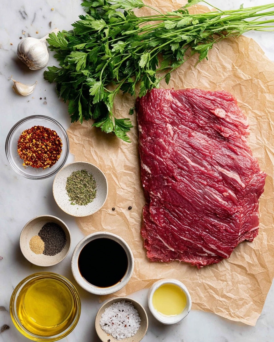 A large, thin piece of raw red meat with slight white marbling lies flat on crinkled light brown parchment paper on a white marbled surface. Surrounding the meat are small bowls with different spices and liquids: red chili flakes in a clear glass bowl, mixed dried herbs, salt, black pepper, and garlic powder in a small light beige bowl, black pepper and salt in another small light beige bowl, golden-yellow olive oil with black pepper in a small white bowl, dark soy sauce or balsamic vinegar in a round clear glass bowl, and a pale yellow liquid in a small clear bowl. To the left, a bunch of fresh green parsley leaves rests on the white marbled surface, with some sprigs extending upwards. Above the bowls, a garlic clove and a stem of fresh parsley add detail to the top area of the image. The overall scene looks fresh and ready for cooking preparation photo taken with an iphone --ar 4:5 --v 7