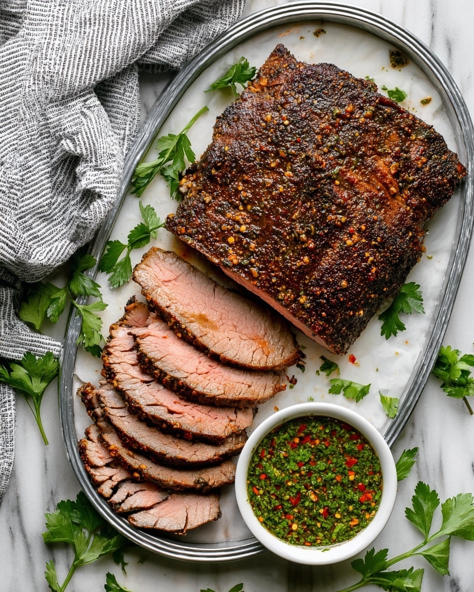 A large piece of dark brown grilled meat with a coarse spicy crust is placed on the top left of a long, white oval metal tray. Below it, there are six slices of the same meat, showing a pink inside with a light brown outer edge stacked in a slightly overlapping way. The meat is garnished with a few bright green parsley leaves scattered around. On the bottom right of the tray, there is a small white bowl filled with a green herb sauce with visible bits of red chili flakes on top. Fresh parsley sprigs and some scattered herbs decorate the surrounding white marbled surface, along with a striped grey and white cloth in the bottom left corner. Photo taken with an iphone --ar 4:5 --v 7