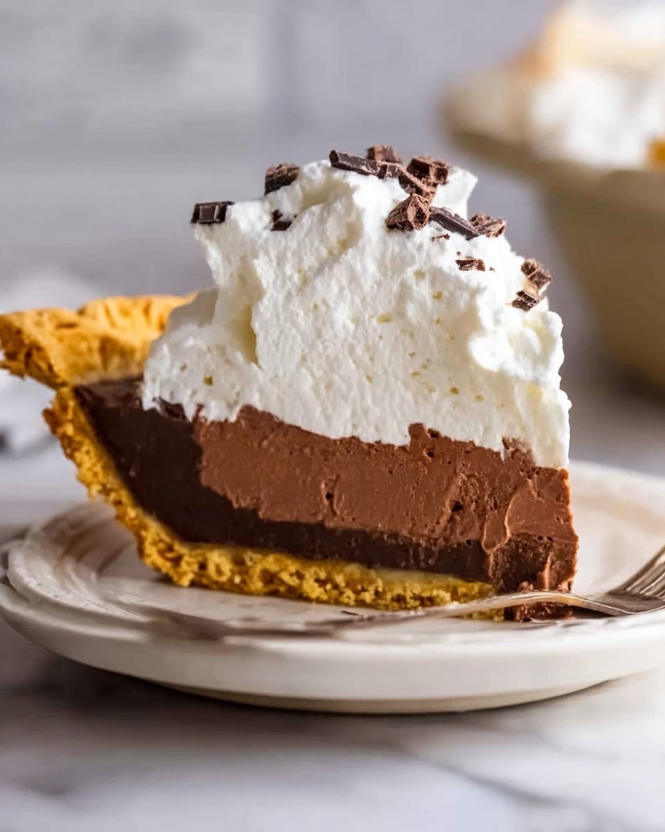 A slice of pie with three visible layers sits on a white plate against a white marbled background. The bottom layer is a golden-brown crust with a textured edge. The middle layer is thick and smooth chocolate filling, dark brown in color. On top is a tall, fluffy white whipped cream layer decorated with small dark chocolate pieces. A fork rests on the plate near the pie slice. Photo taken with an iphone --ar 4:5 --v 7