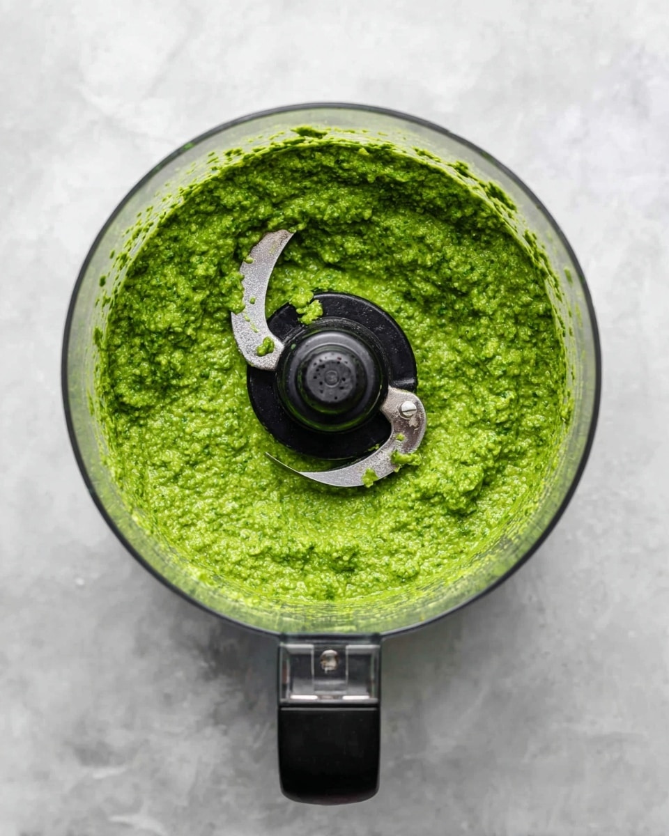 A glass food processor bowl filled with a green, finely blended sauce that has a slightly chunky texture. The thick sauce evenly coats the inside sides of the bowl. The bowl is clear, and the black center part of the food processor blade is visible above the sauce at the middle. The food processor handle is black and positioned at the bottom right. The bowl sits on a white marbled surface. photo taken with an iphone --ar 4:5 --v 7