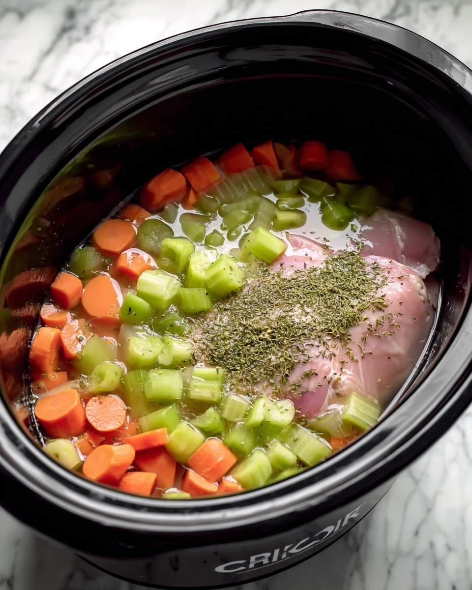 A black slow cooker filled with three layers: the bottom layer has chopped celery and carrot pieces in green and orange colors, the middle layer shows raw pink chicken submerged in water, and the top layer is sprinkled with green dried herbs floating on the surface. The slow cooker is placed on a white marbled surface. Photo taken with an iphone --ar 4:5 --v 7